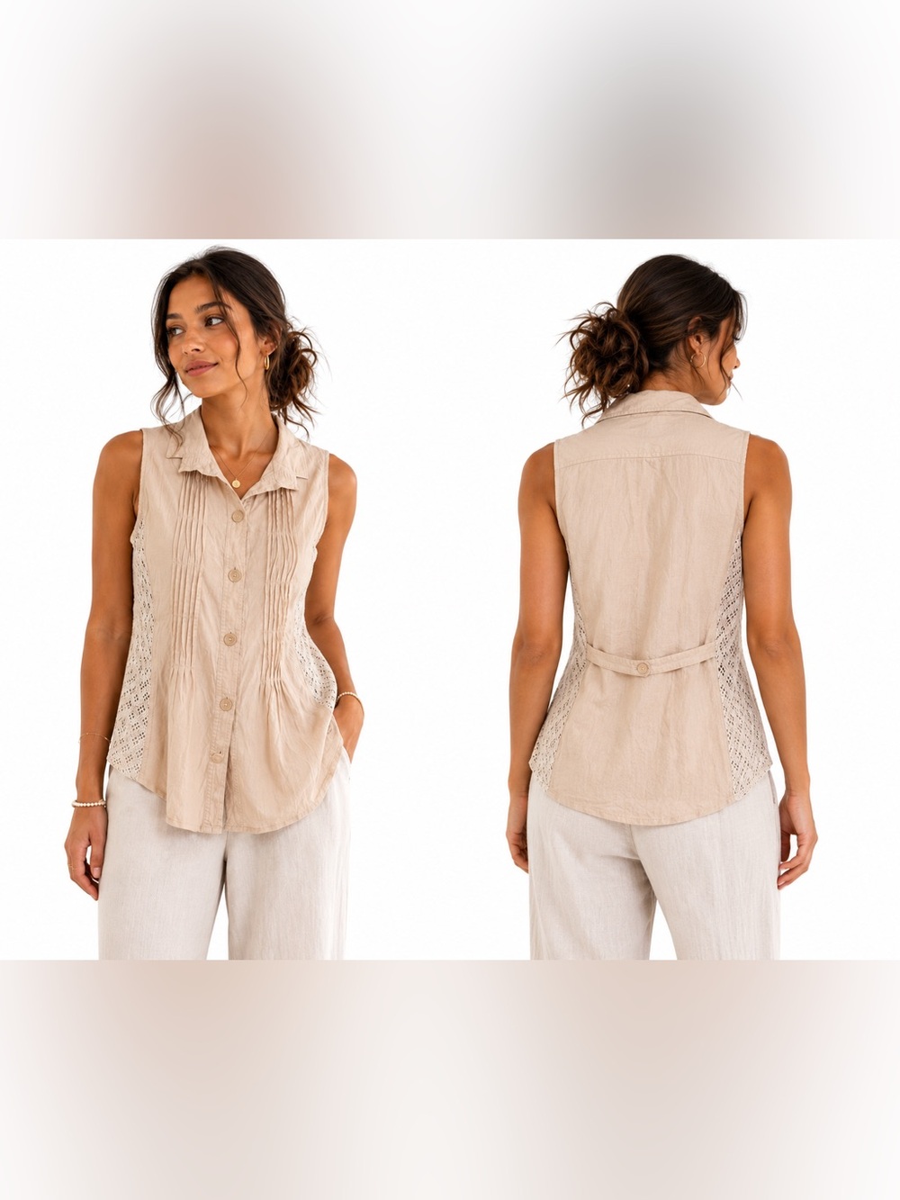 Labeda Beige Lace Panel Pintuck Button Front Sleeveless Blouse M‎